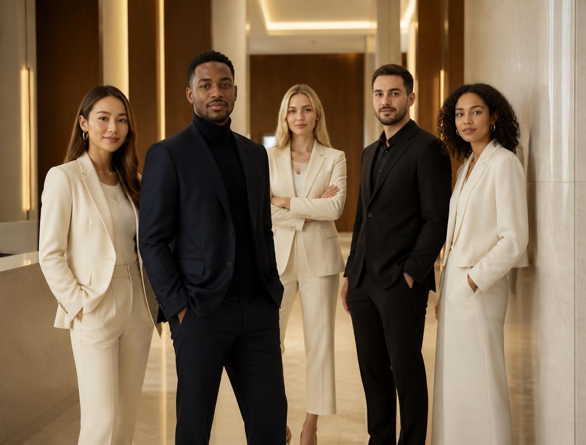 Diverse professionals in a corporate lobby